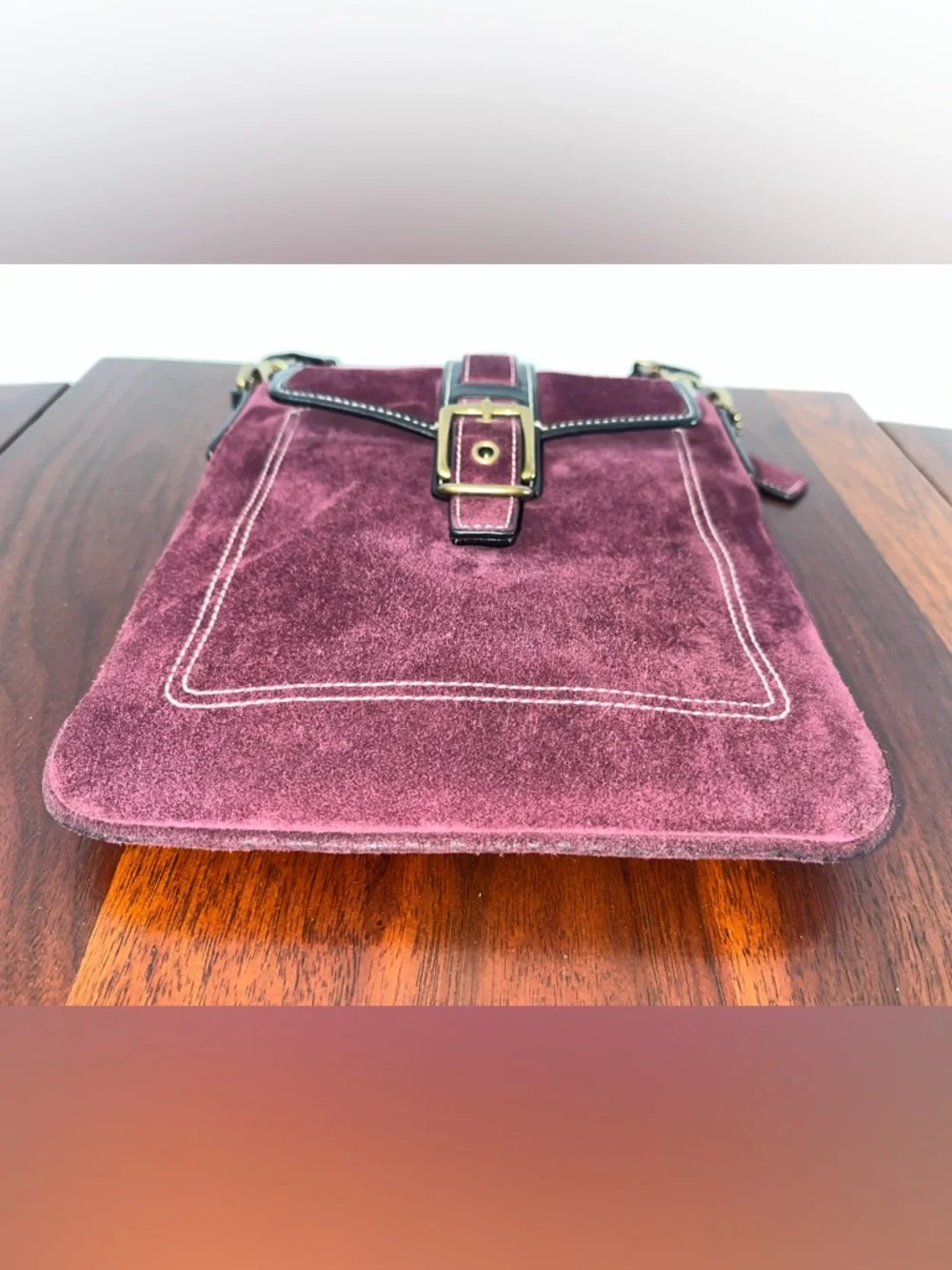Coach Burgundy Suede Crossbody Bag with Black Trim & Gold Hardware